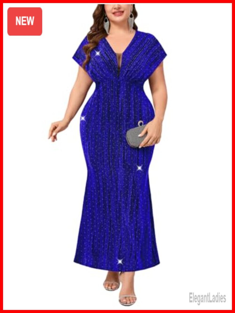 Plus Size Sparkly Formal Dress V Neck Mermaid Maxi Evening Gown